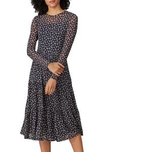 Louna Blue Mesh Floral Midi Dress LARGE Party Long Cocktail Career Sheer $136